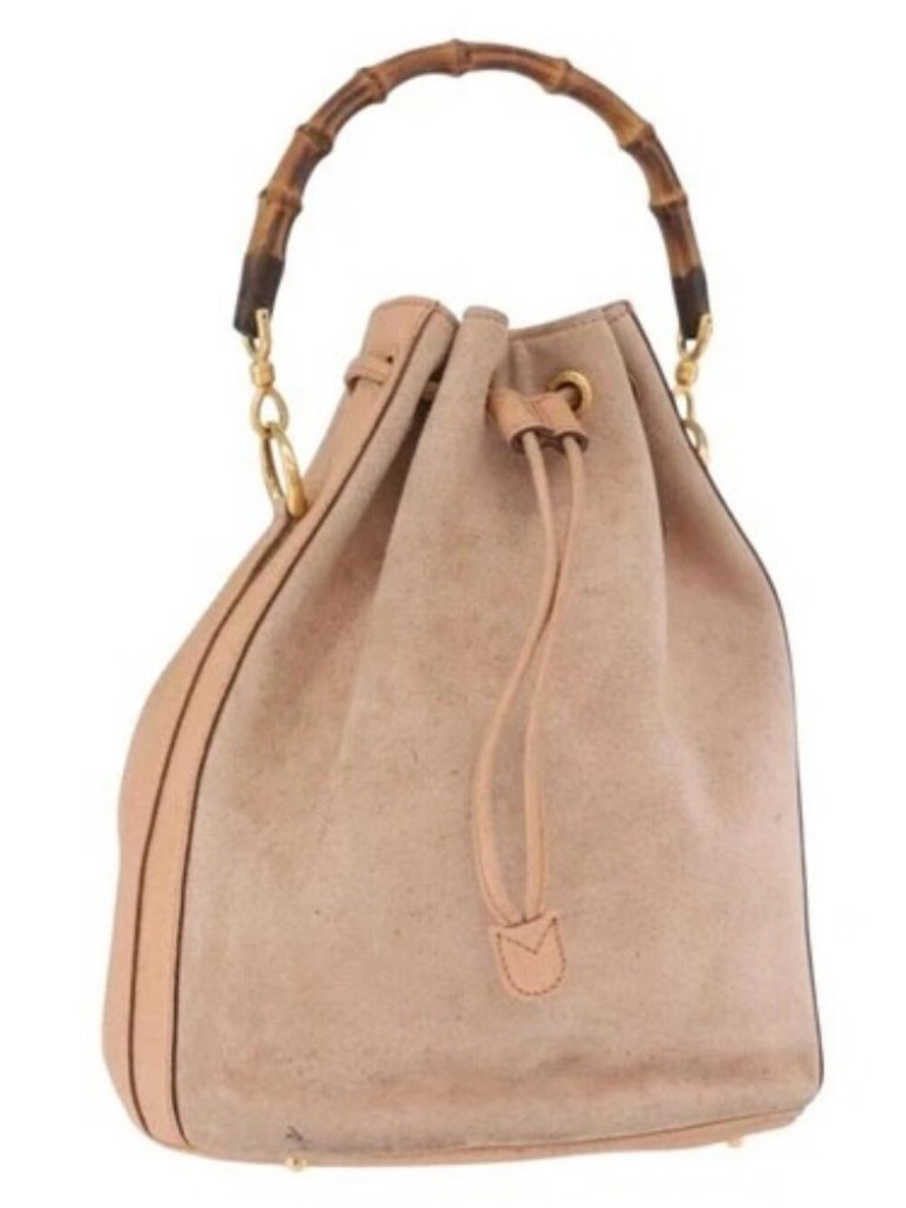GUCCI Bamboo Hand Bag Suede Beige Gold 001 2865 Auth 190592